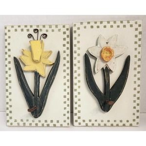 Vintage Wooden Flower Wall Hangings Set of Two